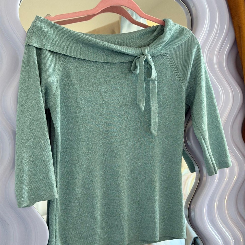 Joseph A Vintage Silk Metallic Knit Off Shoulder Bow Top Blue L